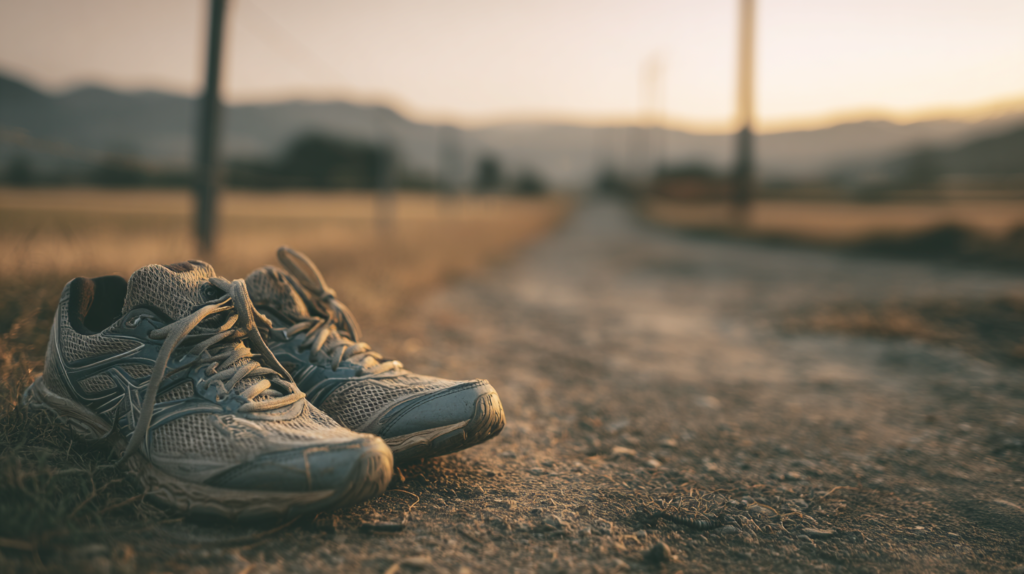 Running shoes in foeground path in background