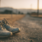 Running shoes in foeground path in background